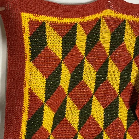 Vintage Handmade Red Yellow Green Geometric Pattern Crochet Afghan Blanket - Picture 7 of 12